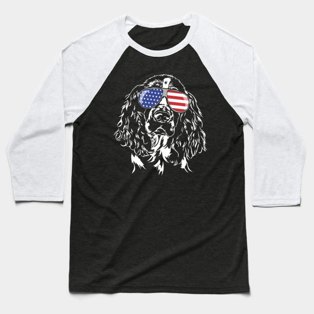 Patriotic English Springer Spaniel with American Flag sunglasses Baseball T-Shirt by wilsigns